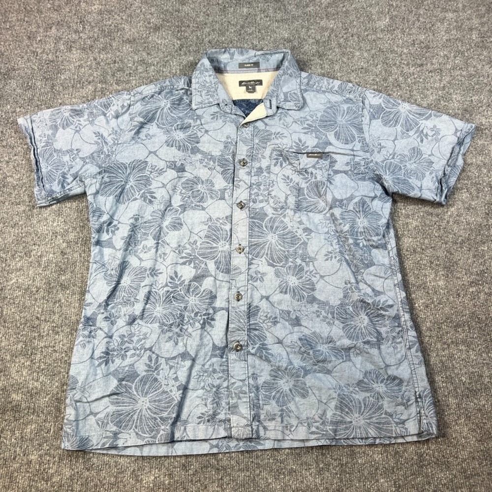 Eddie Bauer Men's L Floral Short Sleeve Button Down Casual Hawaiian Camp Linen